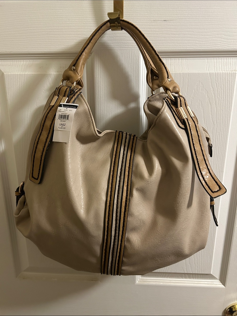 Black Rivet Beige and Tan Shoulder Hobo Bag with Striped Accent NWT